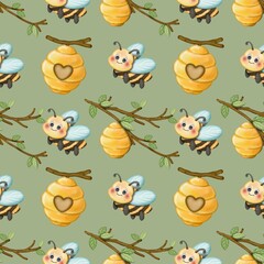 Fototapeta premium Seamless pattern Cute Bee collection in World bee day. Hand drawn watercolor illustration. For labels, paper, textiles on green background.