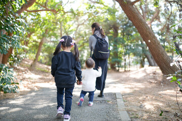 Obraz premium Sunlight filters through tall trees. Woman and two children walk together. The child holds her mother's hand tightly. The younger one toddles ahead with curiosity. Paths curve gently between greenery
