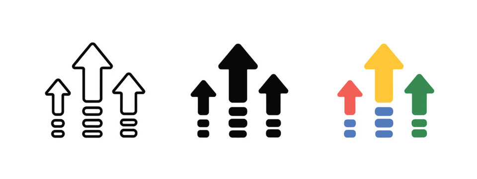 Growth, arrow icon with three upload arrows vector illustration, representing upgrade button, level up symbol, progress chart, boost, increase diagram, improvement, advancement, and success concepts.