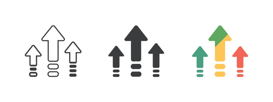 Growth, vector icon featuring three upward arrows, symbolizing level up, progress chart, boost, upgrade, increase, improvement, advancement, and business success in modern design.