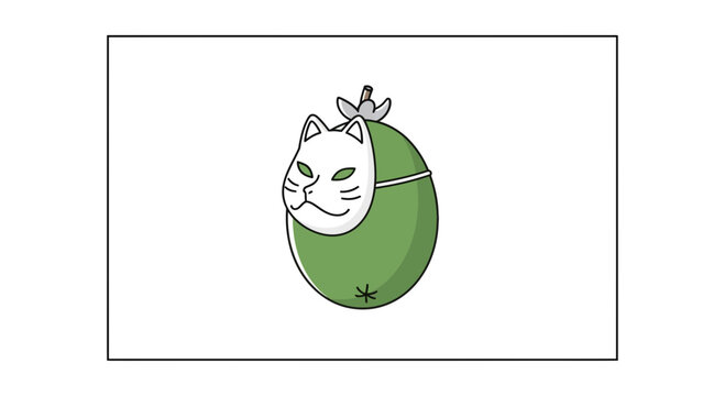 Green Fruit with White Cat Mask and Leaf - Mysterious and Playful Concept