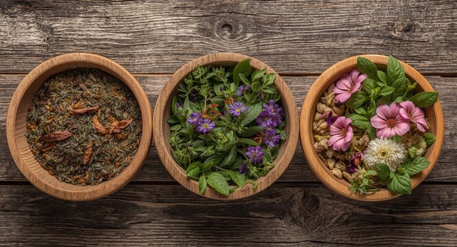 Wooden bowls containing a mix of dried herbs and lively flowers set on a rustic wooden tabletop