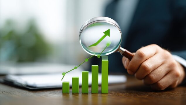 A hand holds a magnifying glass over green bar graphs, symbolizing business growth and analysis.