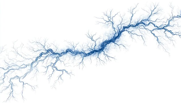 A blue, intricate network resembling river tributaries or lightning, set against a white background, symbolizing connectivity and flow.