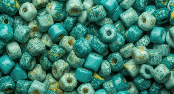 Vivid bead assemblage highlighting neo mint and turquoise hues with subtle yellow touches in complex textured patterns