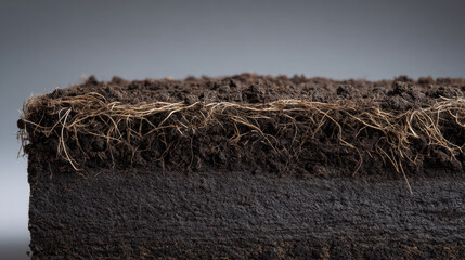 Naklejka premium Soil cross section dark soil layer root mat earth profile ground layer natural texture agricultural soil organic matter fertile soil dirt cross section