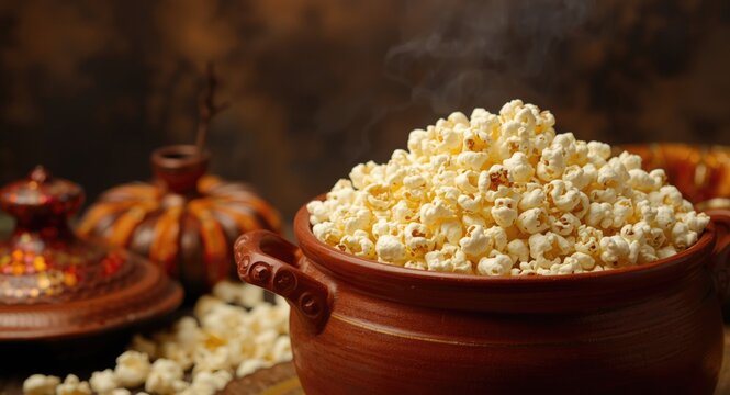 Harvest festival celebration portraying popcorn in a ceramic pot as part of Lohri traditions