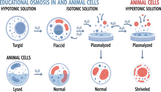 Osmosis in Plant and Animal Cells Educational Diagram Showing Hypotonic, Isotonic, and Hypertonic Solutions with Turgid, Plasmolyzed