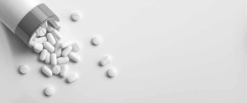 White metformin medication spread around container from above with blank copy space