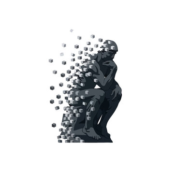 A contemplative figure dissolves into digital cubes against a white background