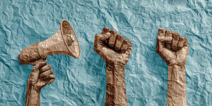 A collage of crumpled paper art depicting a megaphone and raised fists, symbolizing activism and the call for change against a textured blue background.