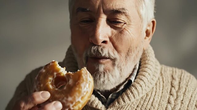 Close-up of a happy senior man with a distinguished white beard, wearing a cozy knitted sweater, taking a large, satisfying bite of a sweet, glazed donut, smiling with pure joy.