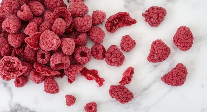 Tempting freeze dried raspberries set against refined marble background