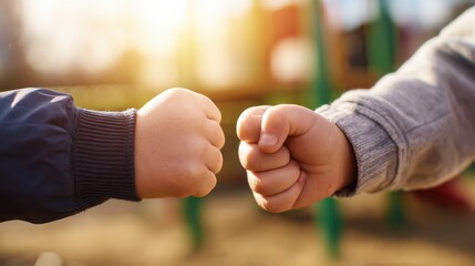 Fototapeta premium Two children's fists coming together in a friendly gesture, set against a warm sunset background