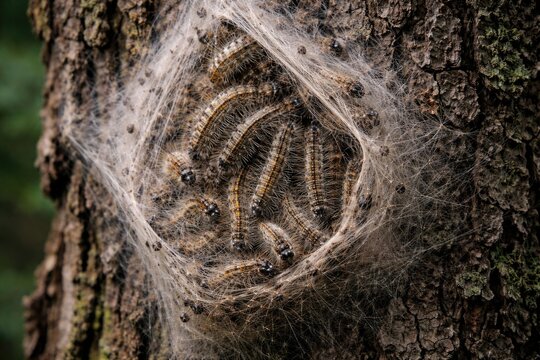 Closeup of Oak Processionary Caterpillar Nest on Tree Bark