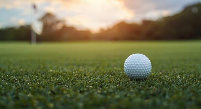 Focused golf ball on lush grass with flag gently fading in background