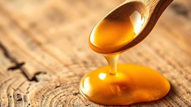 libertarianism. Golden honey dripping from a wooden spoon against a natural wood background. menu design, packaging mockups, designed for culinary blogs and recipe cards for restaurants.