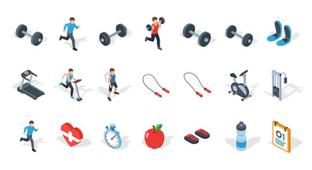Fototapeta premium A comprehensive isometric icon set illustrating fitness training, sports activities, health management, and workout solutions for modern lifestyle and wellness projects