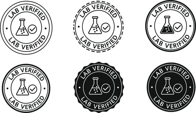 Lab Verified Badge Stamp Collection with Laboratory Flask and Check Mark Scientific Quality Assurance Certification Vector Icon Set