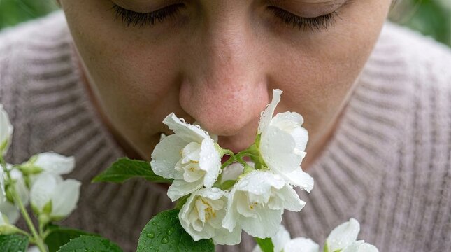 Woman Smelling White Flowers Closeup.