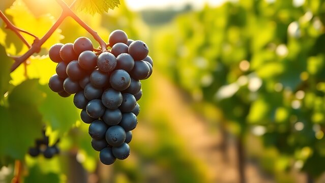 generality. A single cluster of Cabernet Sauvignon grapes glistening with dew in a vineyard under soft sunlight. gardening catalogs, home-decor guides, designed for home decor and floral branding.