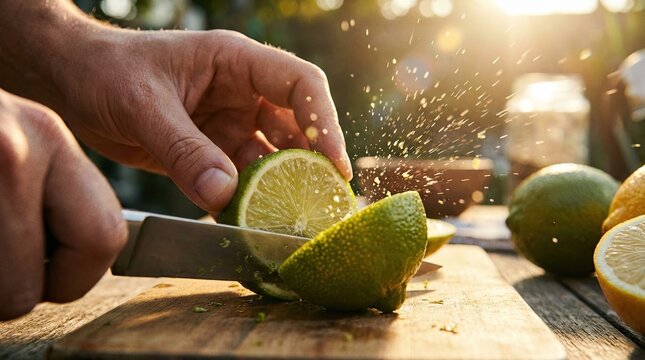 Hands cutting fresh lime slices.