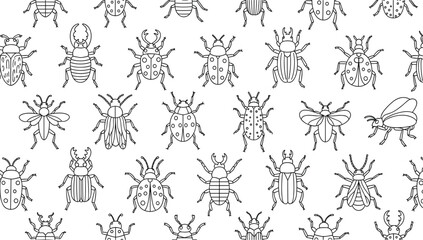 Fototapeta premium Insect Outline Pattern with Beetles, Ladybugs, Bees, and Flying Bugs Seamless Entomology Background Minimal Line Art Vector Illustration