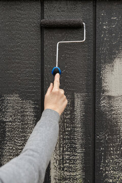 A woman updating an old barn for chickens painting it a dark grey color. 