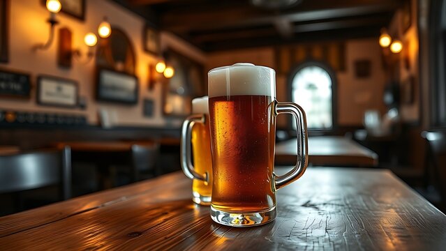 mediocrity. Cozy traditional alehouse interior with wooden table and two tankards of amber beer. bar promotions, beverage menus, designed for food & beverage menus and cafe branding.