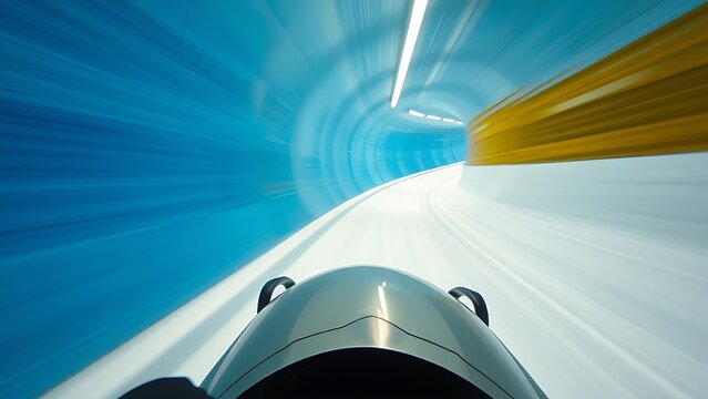 tenet. First-person view of a high-speed sled on a winding blue ice track. mobility guides, transit brochures, designed for mobility and urban transit guides, used by data scientists.