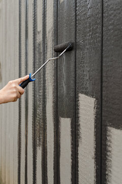 A woman updating an old barn for chickens painting it a dark grey color. 