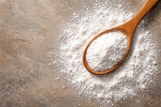 Top view of boric acid powder in wooden spoon on textured surface with white powder heap and copy space