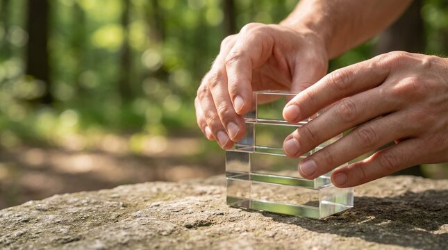 Manicured Male Hands Stacking Transparent Acrylic Blocks on Natural Stone Surface