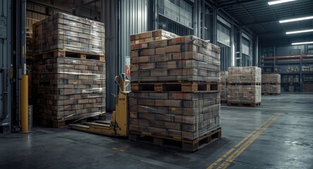Plastic wrapped cargo pallets with stacked cardboard boxes transported by hand pallet truck at warehouse freight dock with copy space