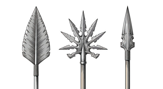 Ancient weapons display featuring spears and a halberd from medieval times isolated on transparent background