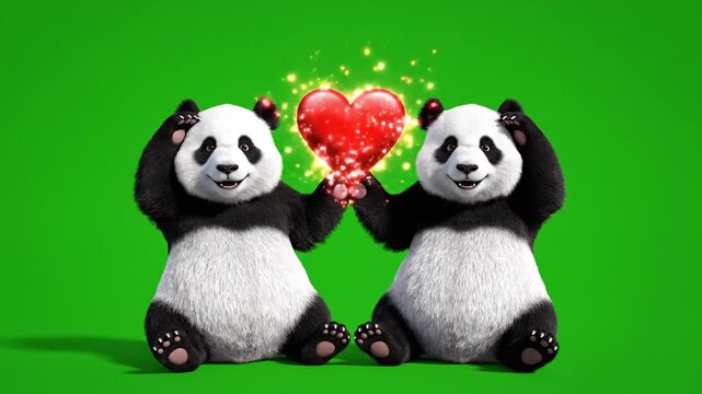 Two playful pandas dancing and posing on bright green background
