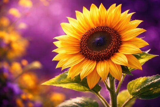 Vibrant sunflower radiating summer warmth against a purple background for floral nature themes