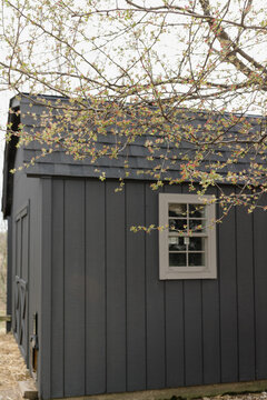 A freshly painted barn in the spring for chickens. 