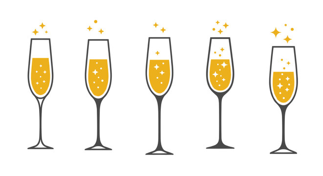 Champagne Glasses, Sparkling Wine, Party Icons, Vector Illustrations, Celebration Elements