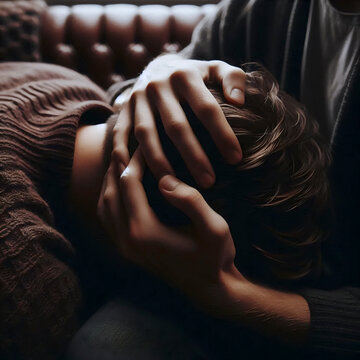 A partner comforting the other during a moment of quiet sadness, a hand resting on a bowed head, Ai generated image