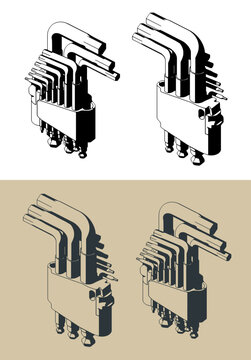 Hex key wrench set in holder isometric illustrations