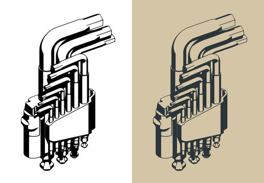 Hex key wrench set in holder isometric illustration