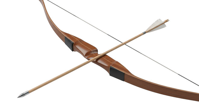 A traditional longbow with an arrow nocked and ready to be shot isolated on transparent background