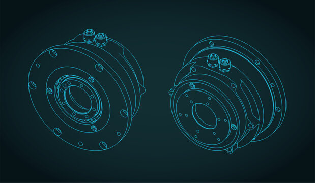 Hydraulic rotary actuator unit isometric blueprints illustration