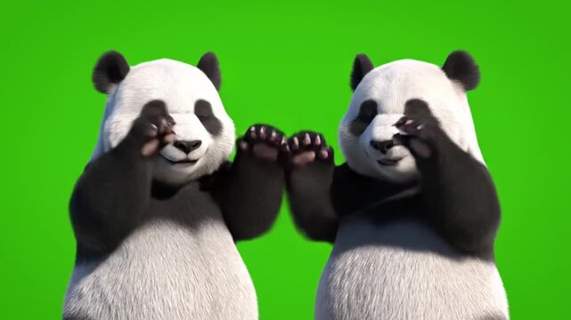 Two playful pandas waving hands on green background stock footage