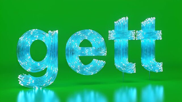 A glowing, ethereal blue word 'gett' formed from fiber optic strands against a vibrant green backdrop, suggesting connectivity and communication