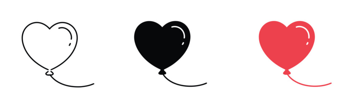 Heart, balloon icon collection in flat, solid, and outline styles, symbolizing love, romance, Valentine&rsquo;s Day, wedding decorations, birthday parties, and celebration vector design.