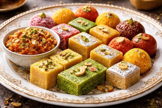 Assorted Indian sweets displayed on a decorative white plate with halwa and mysore pak showcasing vibrant colors and rich textures