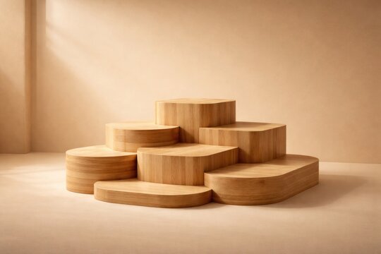 Conceptual design with multi level wooden podiums on beige background for product displays