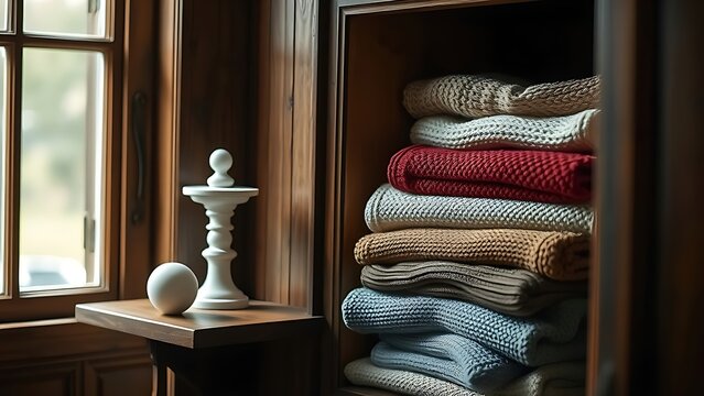 camphor. White camphor balls placed inside an antique wooden wardrobe with folded clothing. menu design, packaging mockups, designed for food delivery and cloud-kitchen brand materials.
